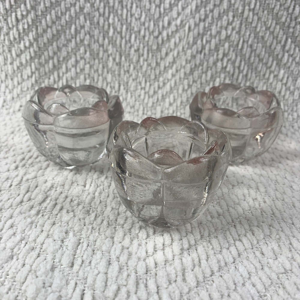 Lot Of 3 Clear Pink Glass Lotus Flower Petals Votive Candle Holders Heavy 3.5x3"
